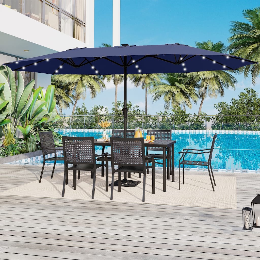 15-foot Rectangular Crank Double-sided Outdoor Market Umbrella Solar LED Lighted Patio Umbrella with Base Included