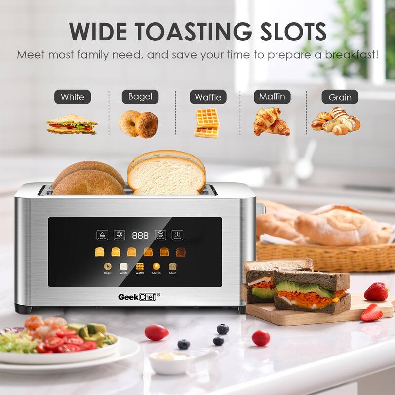 4 Slice Toaster with Extra Wide Slots, Stainless Steel Touch Screen Toaster with LED Display, Auto Shut Off