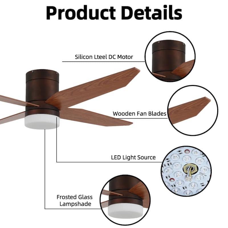 52 in. Modern Rustic Ceiling Fan with 3 Color Light, 4 Wood Blades, DC Motor, 6 Speed for Bedroom or Living Room