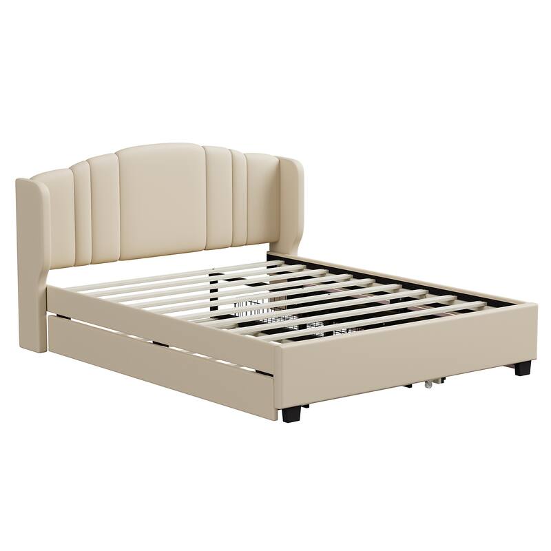 Elegant Upholstered Queen Platform Bed with Wingback Headboard, Twin Trundle, 2 Drawers, No Box Spring Required, Linen Fabric