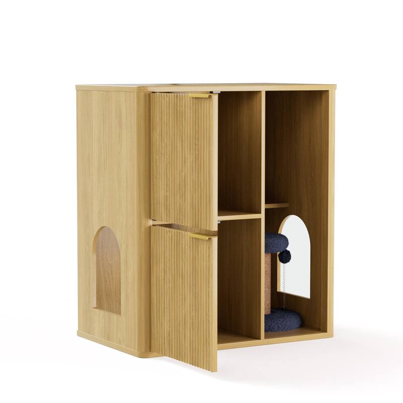 31.5" Walnut Cat Litter Cabinet with Cat Tree, Grooved Concealed Litter Furniture Featuring Dual Cat Doors and Storage Shelves
