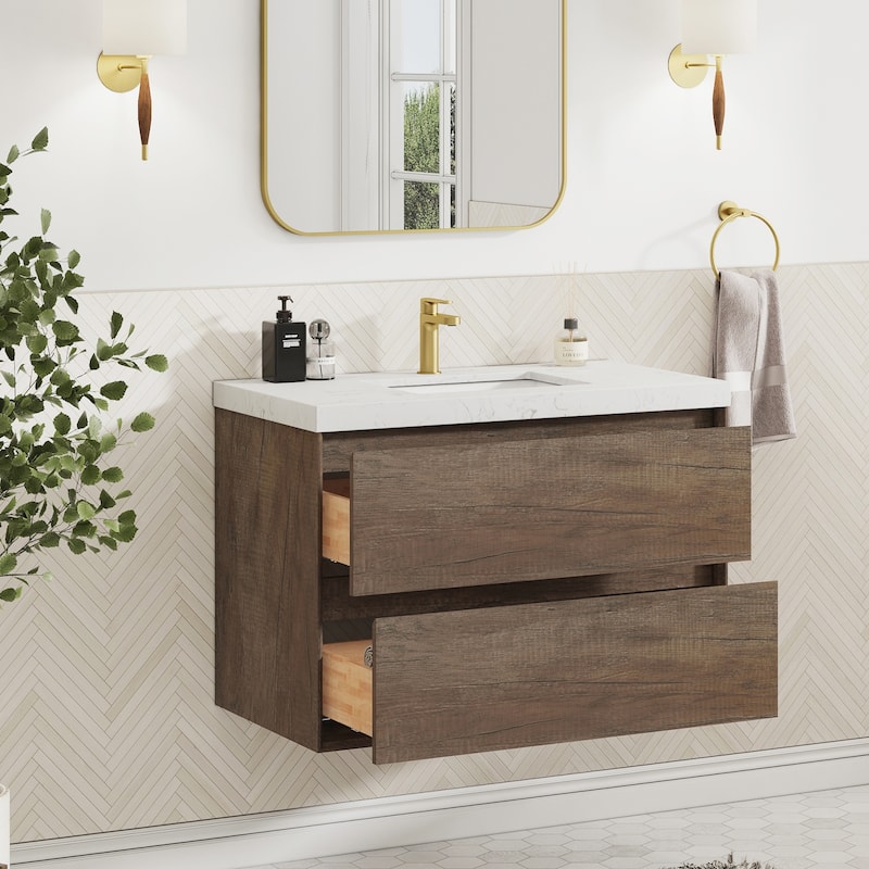 Sylphar 36 inch Bathroom Vanity with Sink, Floating Oak Cabinet with Stone Top