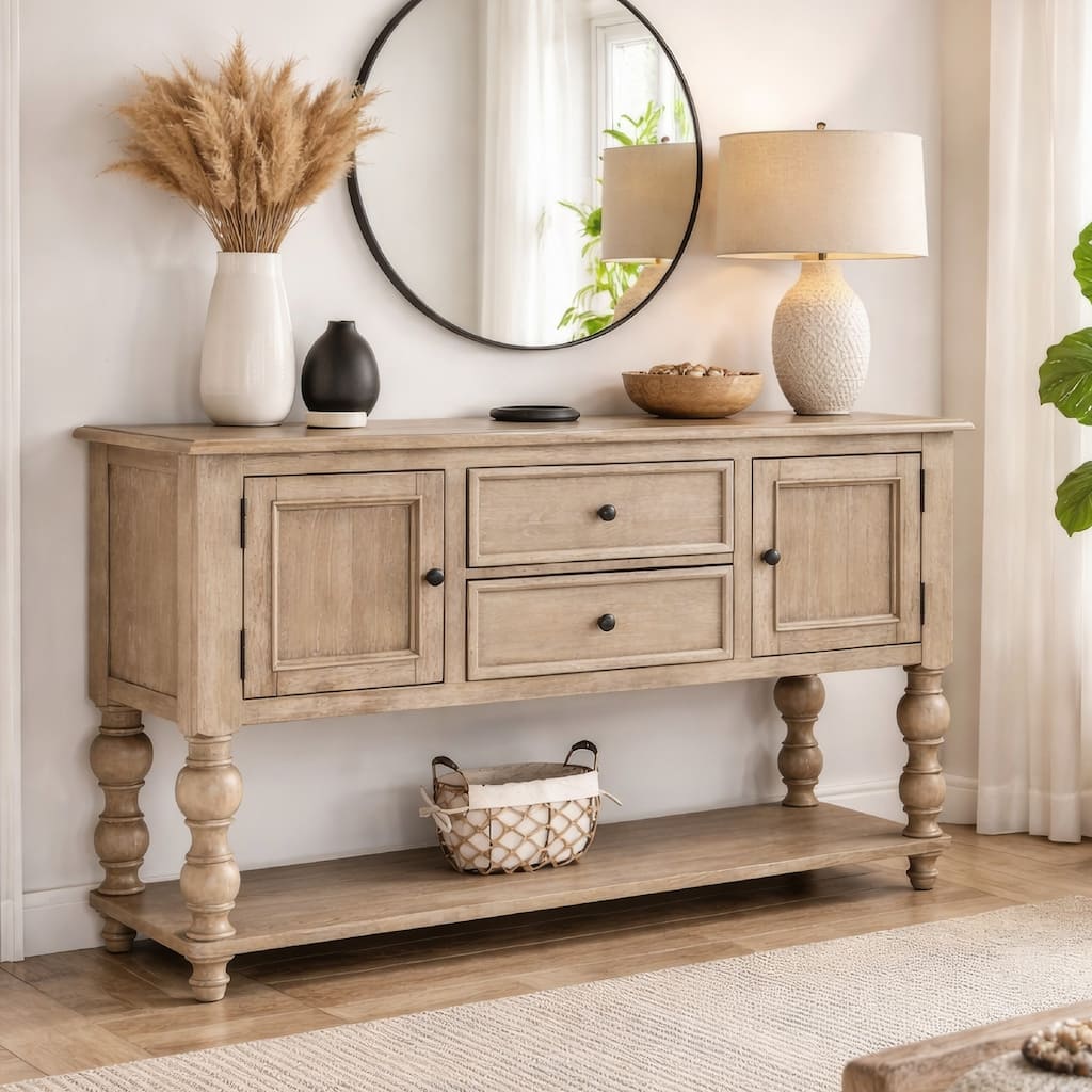 Cherie Sideboard Buffet Console, 2 Drawers Doors, Light Brown, 60 Inch