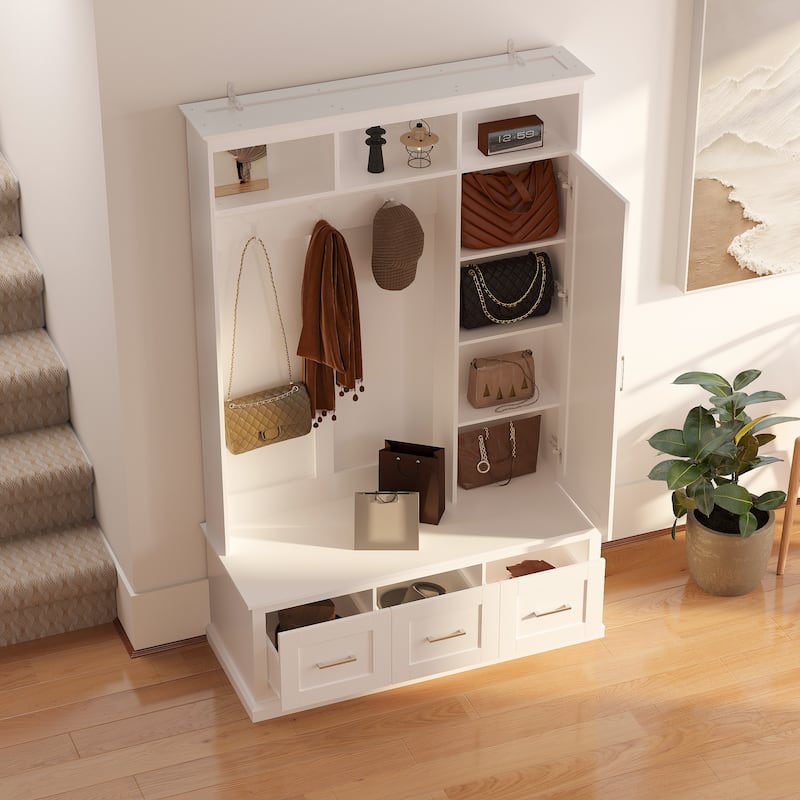 Modern White Hall Tree Entryway Storage Cabinet with Mirror and Drawers Entryway Bench - 47.2"X73.6"