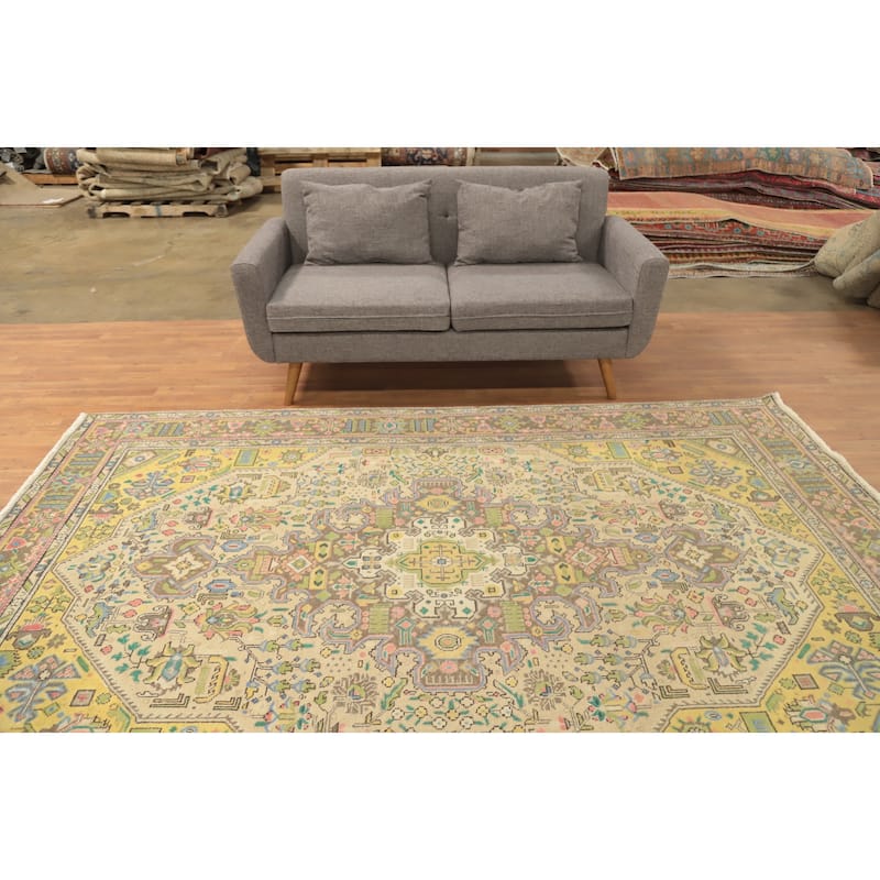 Hand Knotted Oriental 100% Wool Carpet Traditional Floral Beige & Ivories Tabriz Area Rug - 9' 5'' X 6' 5''