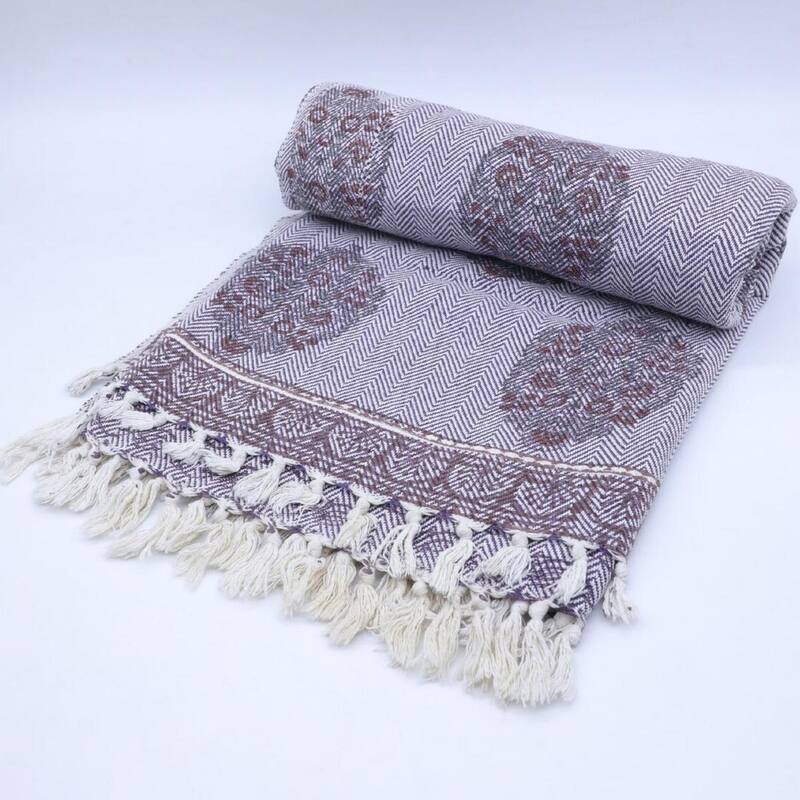Fabdivine Guldasta Handcrafted Cotton Blanket - Floral Print Throw for Living Room, Bed, or Sofa with Hand-Tied Fringe, 90"x54"