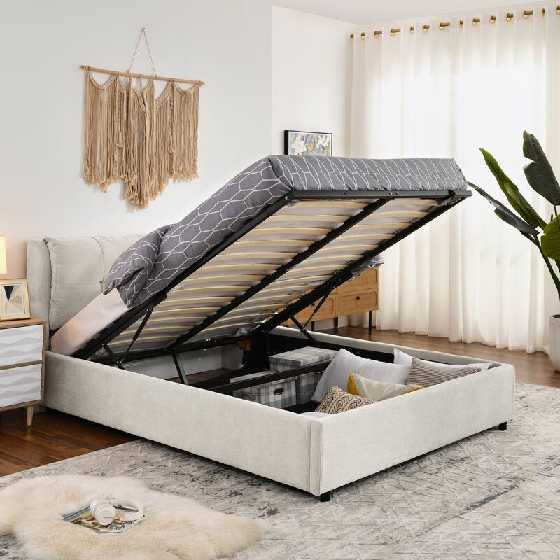 Queen Size Storage Upholstered Hydraulic Platform Bed with Integrated Headboard, Chenille Fabric, Gray