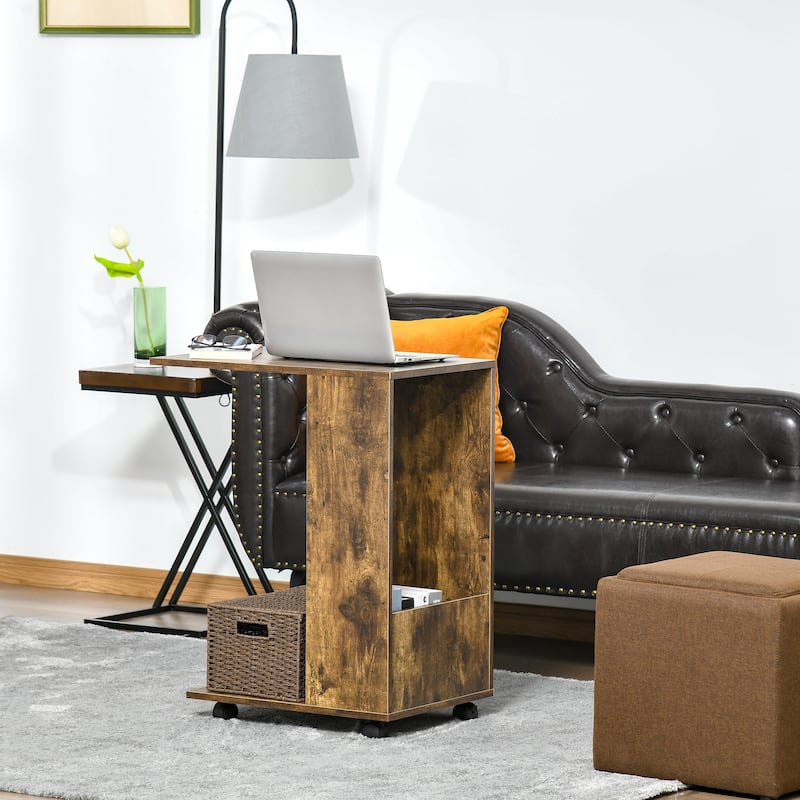 HOMCOM C-Shaped Sofa Side Table Mobile End Table with Storage and Wheels for Living Room, Bedroom, Office