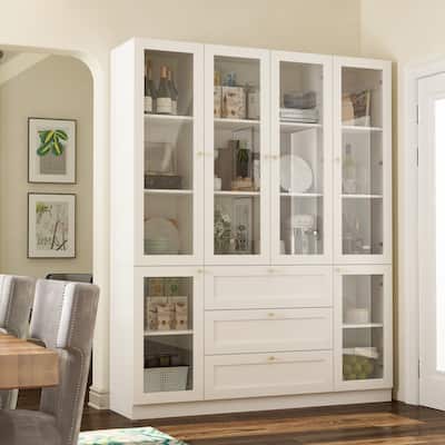 Wood Kitchen Pantry Cupboard ,Buffet with Glass Doors &3 Drawers,White - 78.7"H
