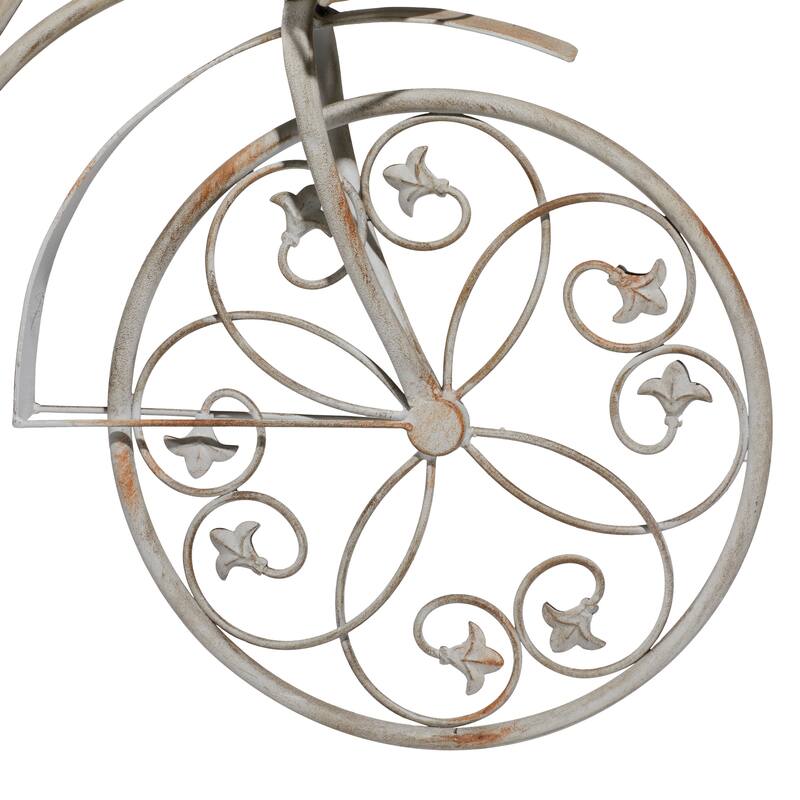 Gray Metal Distressed Indoor Outdoor Scroll 3 Tier Bike Indoor Outdoor Plantstand with Fleur De Lis Wheels