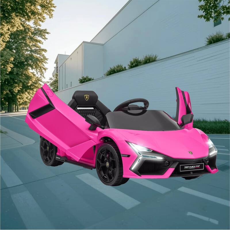 Lamborghini Revuelto Licensed Electric 12V Ride-On Car for Kids with Hydraulic Butterfly Doors, 3 Speeds, and Remote Control - Pink