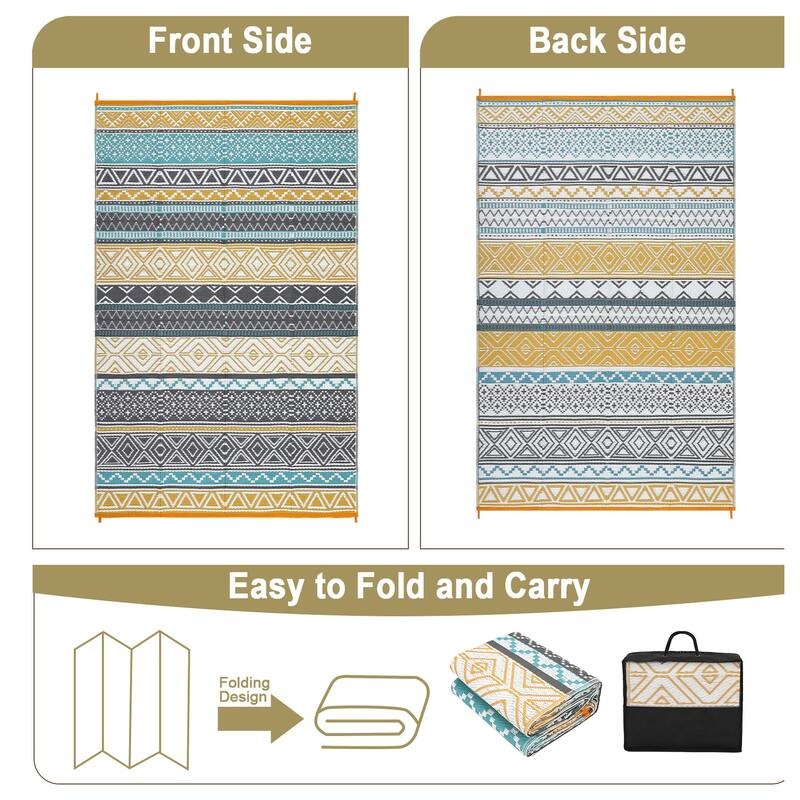 Outdoor Rug Waterproof Patio Rug Mat Geometric Rug Plastic Straw Outside Rug for RV Camping Picnic Reversible Rug