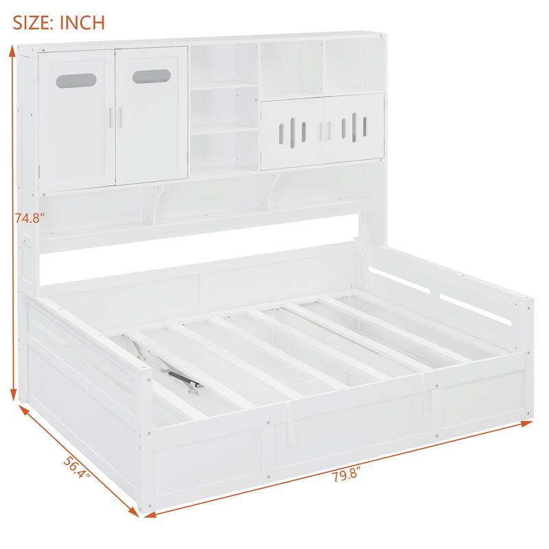 Full Size Bed Frame with All-in-One Bookcase, Full DayBed with Hydraulic Bed, Wood Platform Bed No Box Spring Needed
