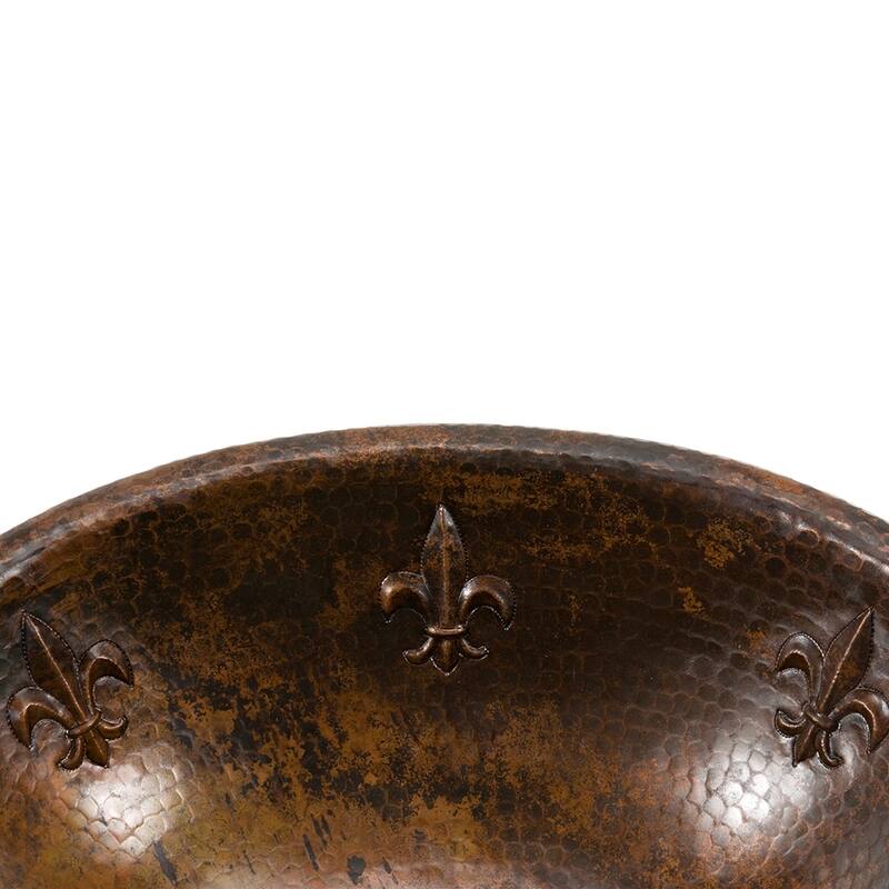 19" Oval Fleur De Lis Self Rimming Hammered Copper Sink, Matching Drain and Accessories