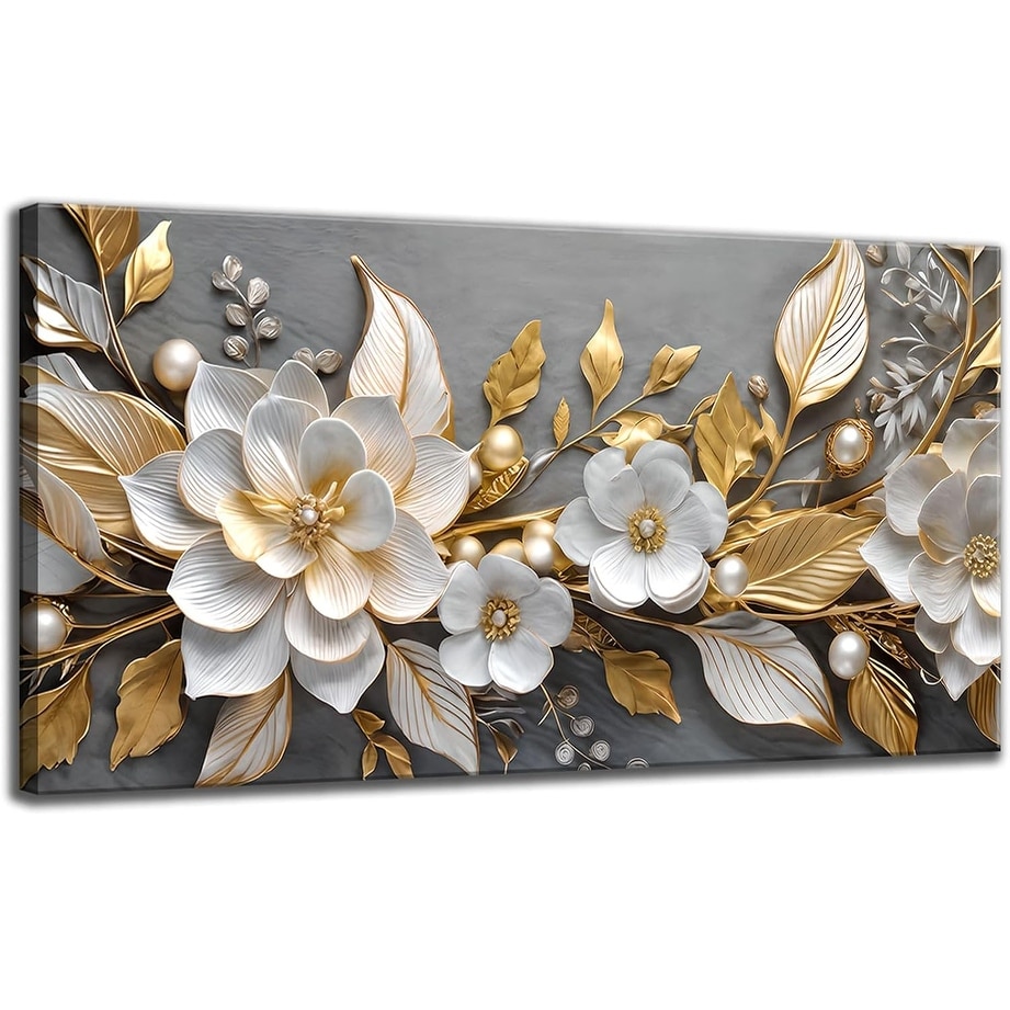 Floral Canvas Wall Art Gold White Plant