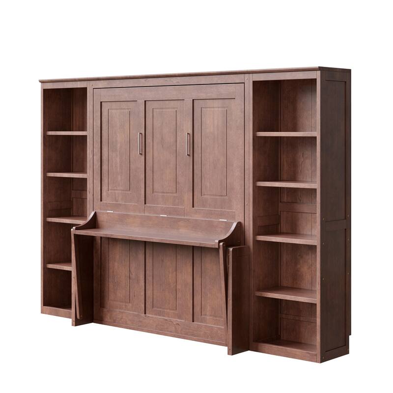 Roomfitters Full/Queen Size Murphy Bed with Desk and Bookshelf Storage, Space Saving, Dark Brown