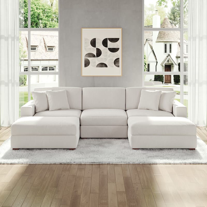 Modular Corduroy Sectional Sofa Set Chaise Couch with Ottoman - Beige-5 Piece