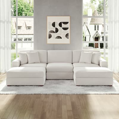 Modular Corduroy Sectional Sofa Set Chaise Couch with Ottoman