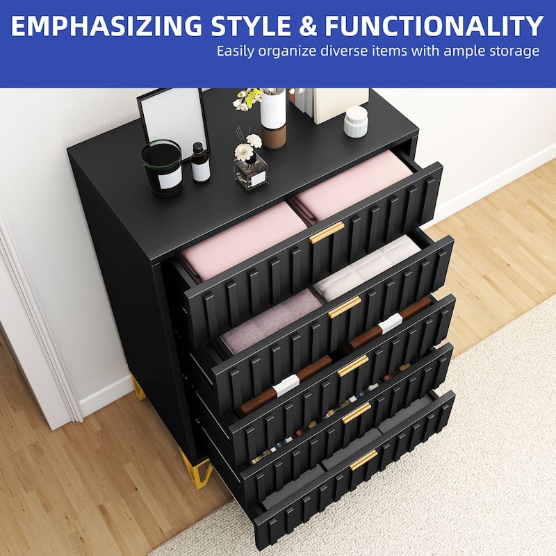 Moasis 5-Dressers Black Storage Dresser with Gold Legs