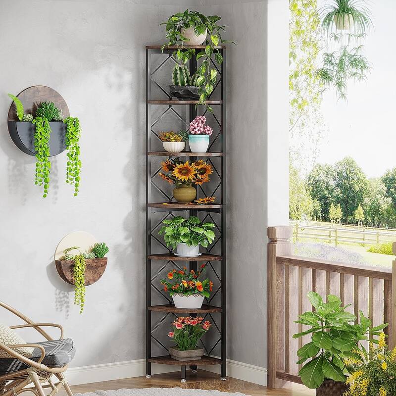 7-Tier Corner Bookshelf, Industrial Display Shelf Storage Rack