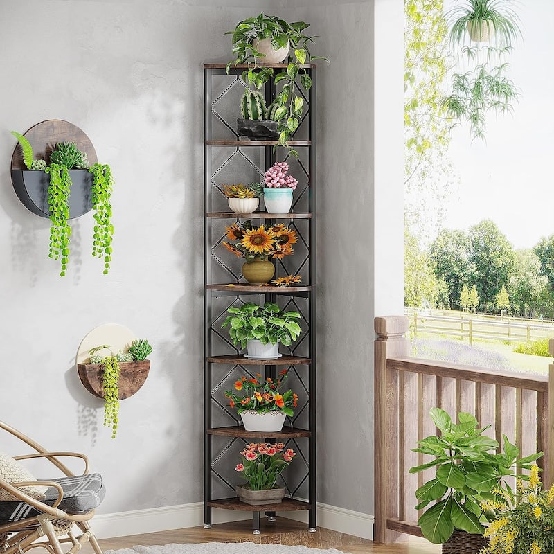7-Tier Corner Shelf, 78.7” Extra Tall Corner Bookcase - Rustic Brown