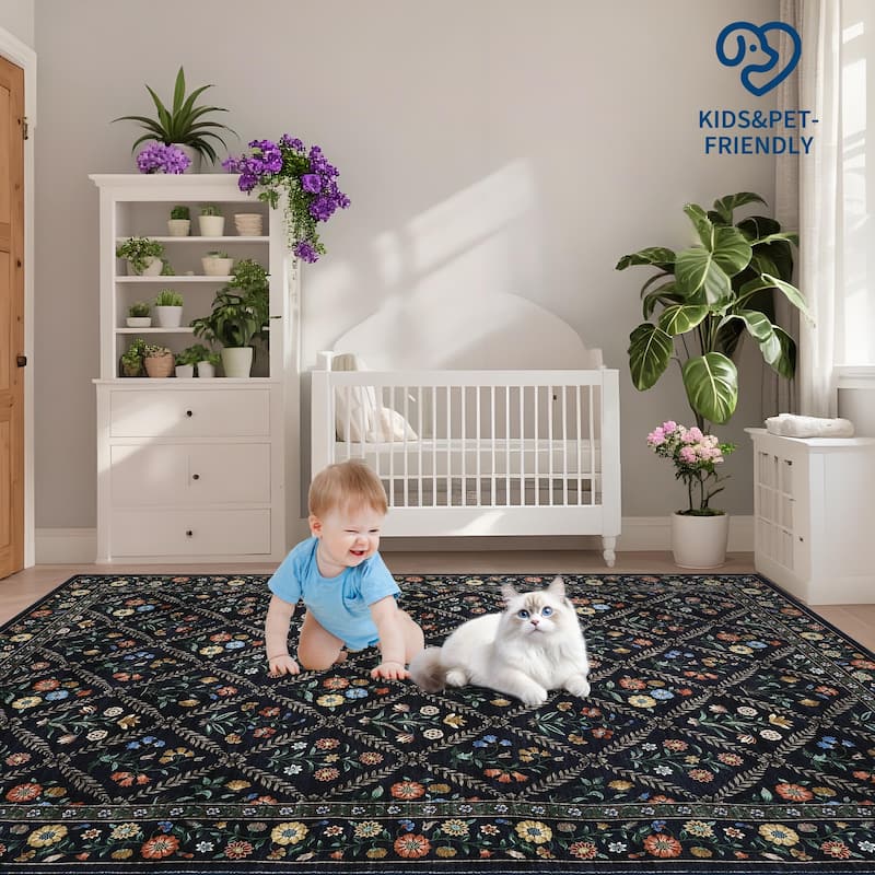 Floral Area Rugs for Living Room Bedroom Soft Farmhouse Washable Rug Non-Slip Low Pile Accent Carpet