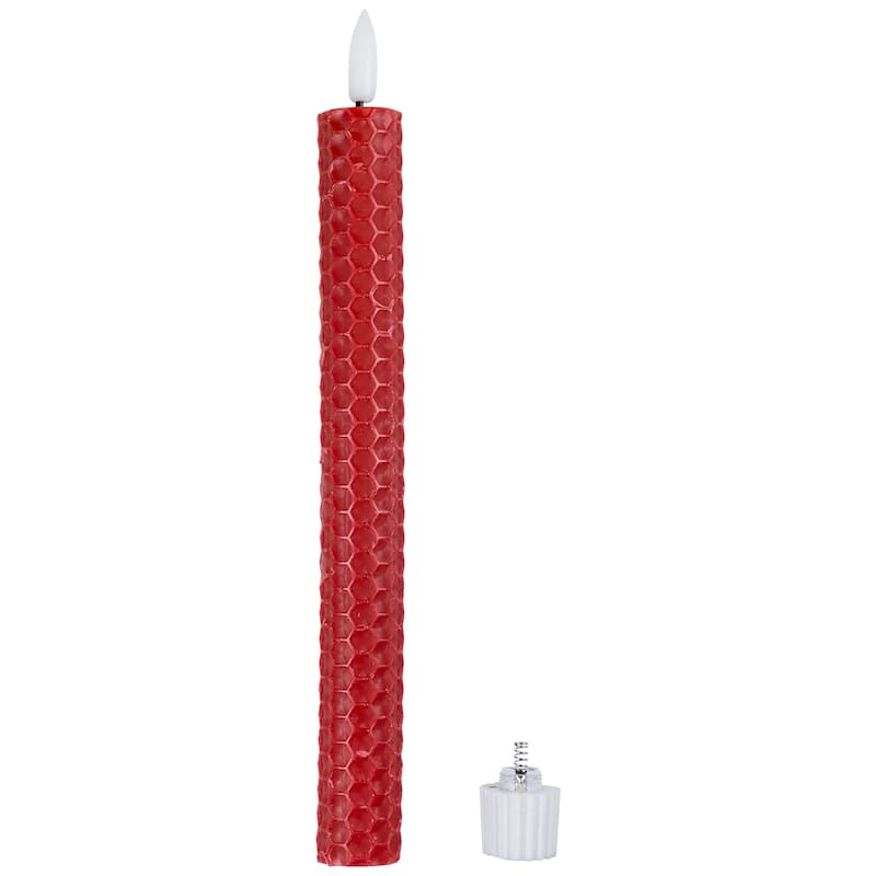 LED Flickering Flameless Taper Honeycomb Christmas Candles - 9.5" - Red - Set of 2