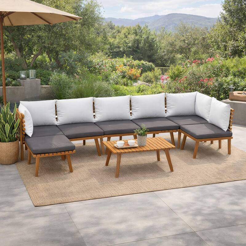 Roma 8pc Modular Outdoor Sofa and Table Set, Solid Acacia Wood, Gray