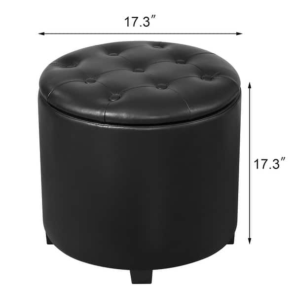 dimension image slide 2 of 5, Adeco Faux Leather Round Storage Ottoman with Tufted