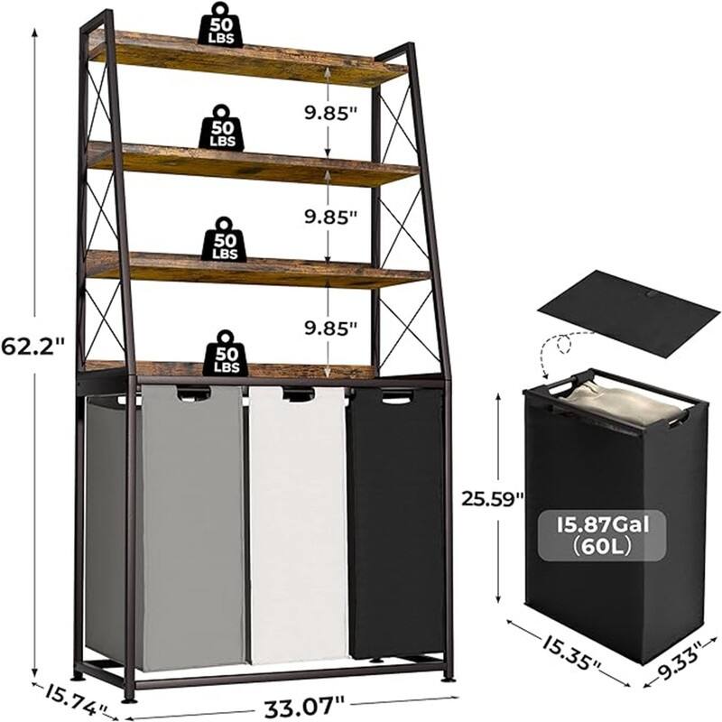 3 Section Laundry Hamper with 4 Tiers Shelf, Pull Out and Removable Laundry Bags - 33.07 x 15.74 x 62.2 inches
