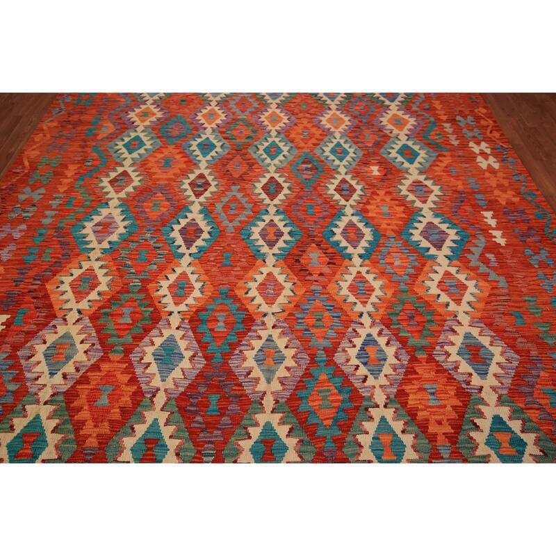 Reversible Orange Kilim Oriental Area Rug Hand-Woven Wool Carpet - 8'3" x 9'9"