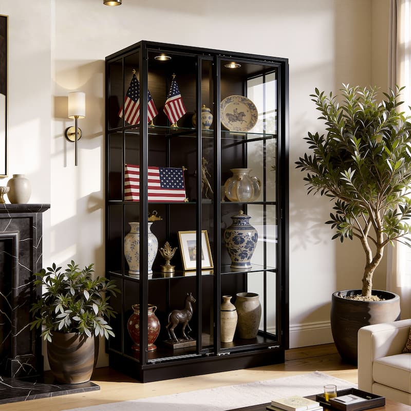 Modern Black Display Cabinet with Glass Doors, 75” Tall Curio Cabinet with Tempered Glass Shelves Bookshelves LED Light