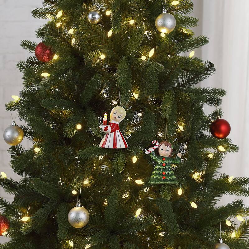 Set of 2 Vintage Christmas Kid Ornament - Candy Cane and Tree Girl