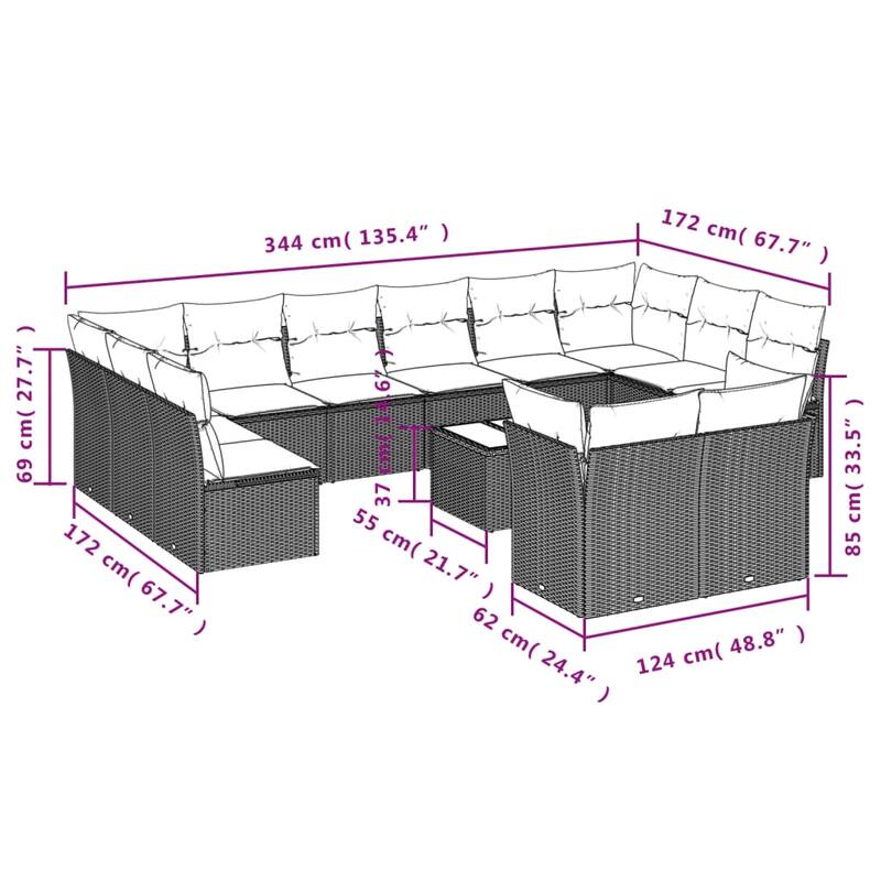 vidaXL Patio Sofa Set with Cushions Outdoor Conversation Furniture Poly Rattan - 21.7" x 24.4" x 27.2"
