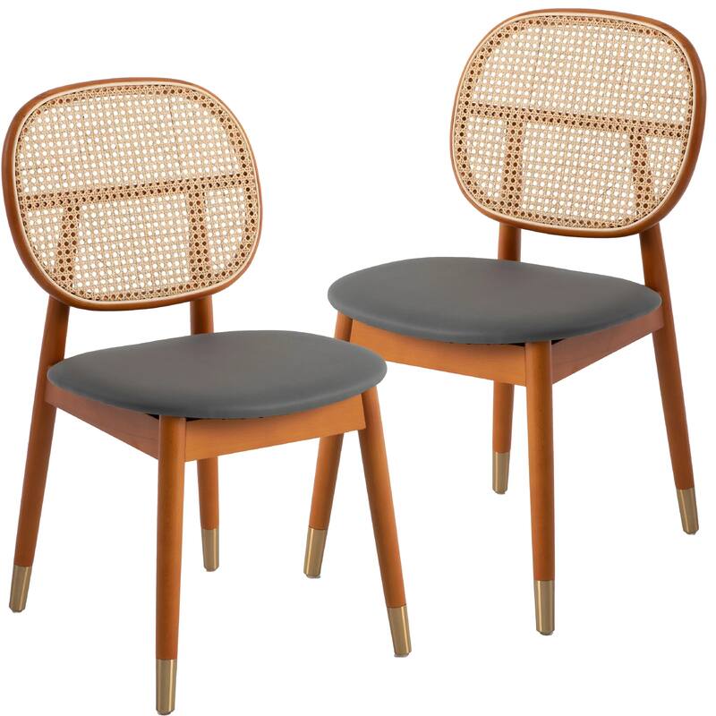Holbeck Modern Rattan Leather Upholstered Dining Chair with Plush Padding Beech Wood Legs for Stylish Homes Set of 2 - Grey