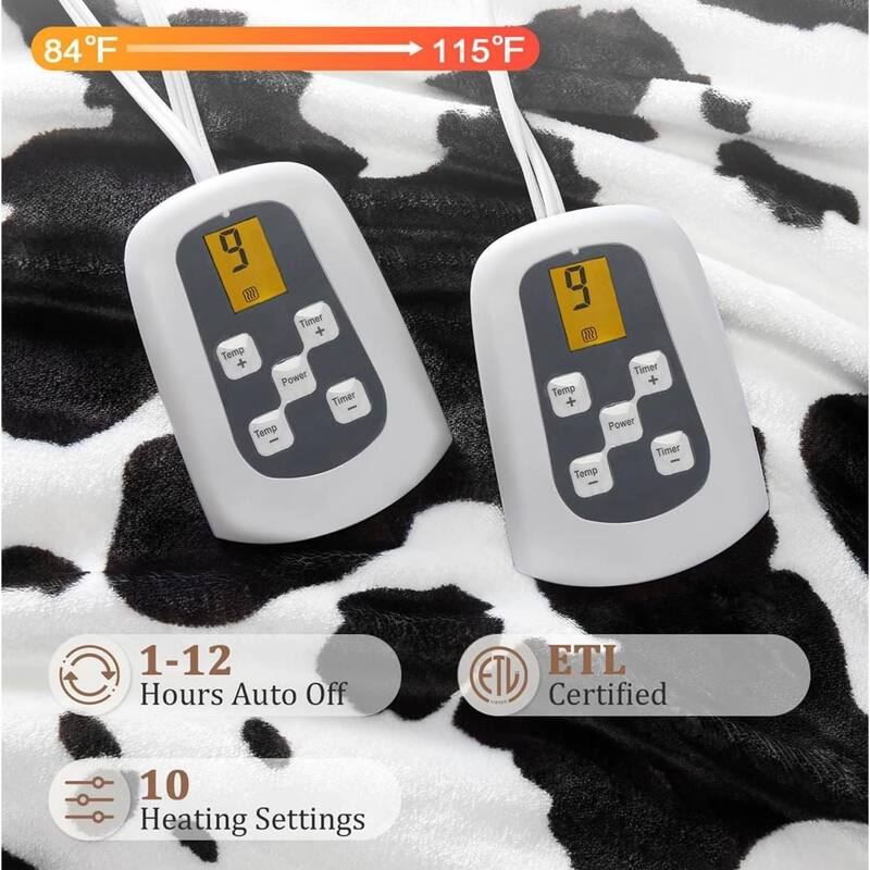 Cow Print 10 Heat Levels Electric Heating Blanket, Machine Washable, Black+White