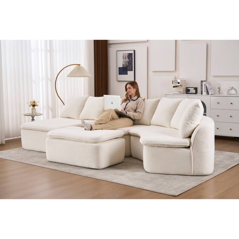 U-Shaped Modular Sectional Sofa with Ottoman, Woodgrain Chenille Deep Seat Boneless Couch, Compression Sofa with Pillows