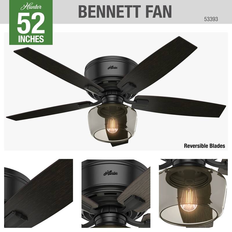 Hunter 52" Bennett Low Profile Ceiling Fan with Globe LED Light Kit and Handheld Remote
