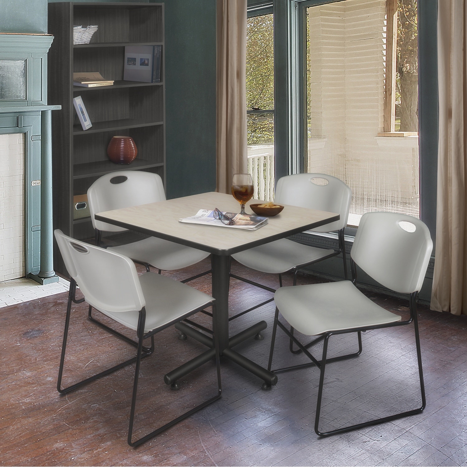 36" Square Breakroom Table- Maple & 4 Stack Chairs- Grey - 36