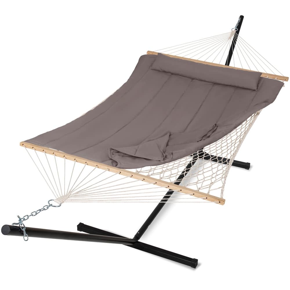 Rope Hammock with Detachable Pillow and Pad, 12FT Steel Stand Included