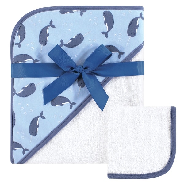 slide 1 of 1, Hudson Baby Infant Boys Cotton Hooded Towel and Washcloth 2pc Set, Narwhal - One Size One Size - Narwhal