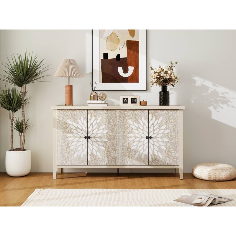 4-Door Carved Storage Cabinet Toy Cabinet Coffee Cabinet Sideboard - Natural