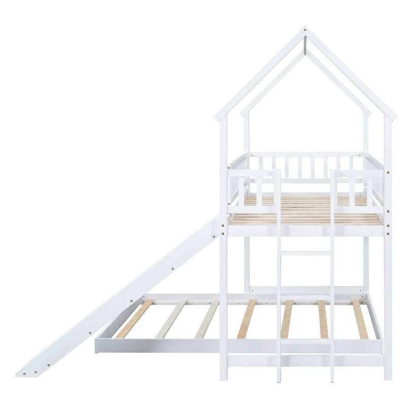 Twin over Full House Bunk Bed with Slide and Full-Length Guardrail