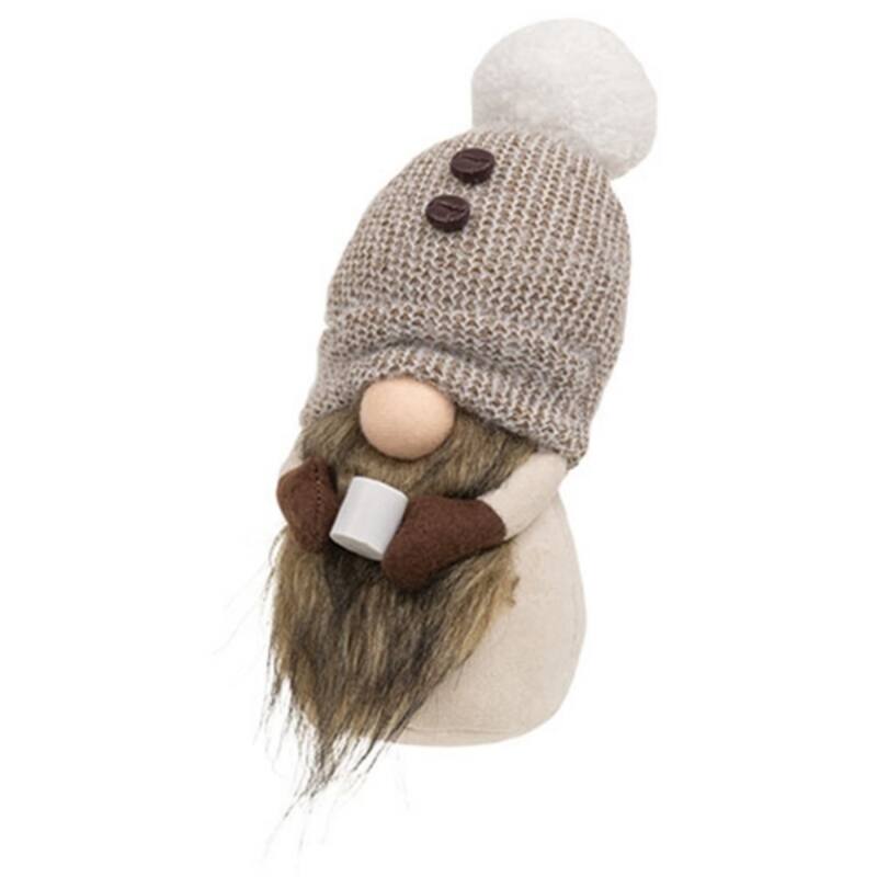 Standing Plush Coffee Gnome Decoration with Brown Beard and Beige Knit Hat for Home - 11" H x 4" W x 3.5" D