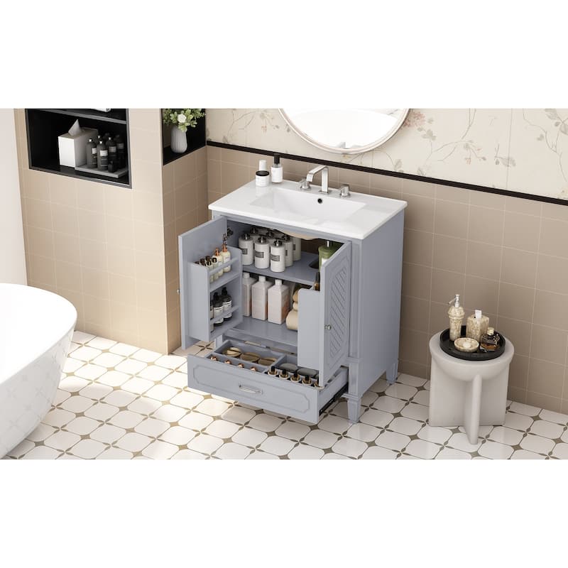 Free Standing Wall Cabinet, 30" Bathroom Vanities with Ceramic Sink, Drawers and Storage Soft-closing Door Shelf