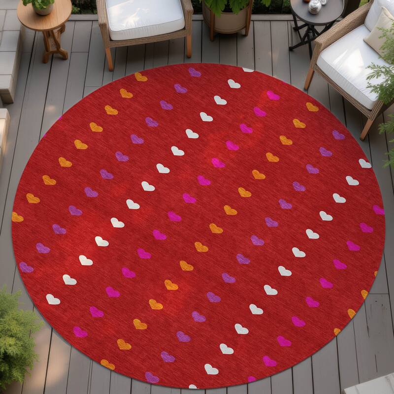 Machine Washable Indoor/ Outdoor Modern Hearts Chantille Rug - Red - 8' x 8'