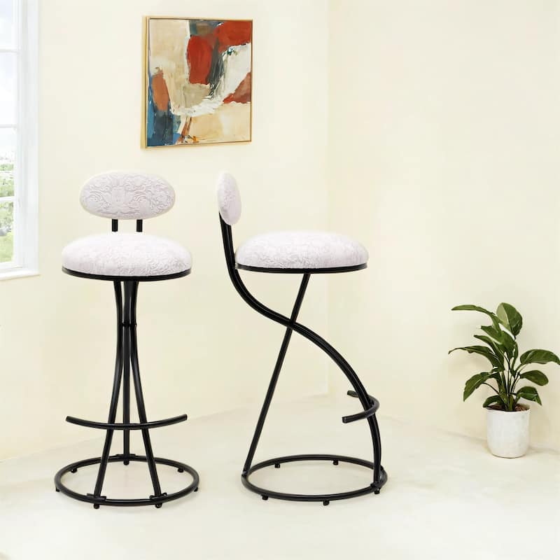 Set of 2 Round Print Bar Stools Black Metal Upholstered Chairs for Kitchen Island Dining Rooms Counter Stools