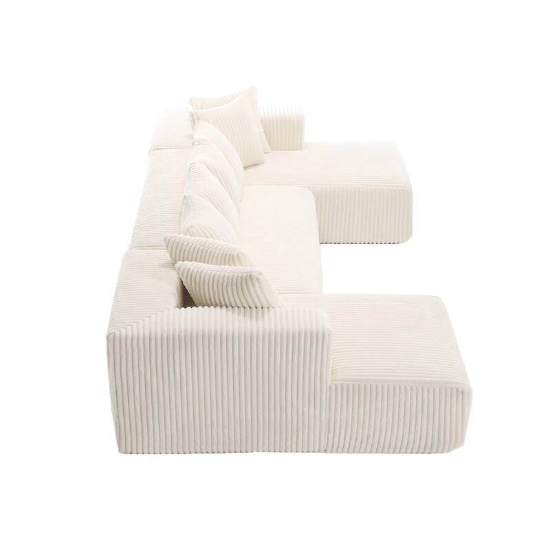 131" Modular U-shaped Sectional Couch, 4 Seater, Striped Corduroy, Ancient White