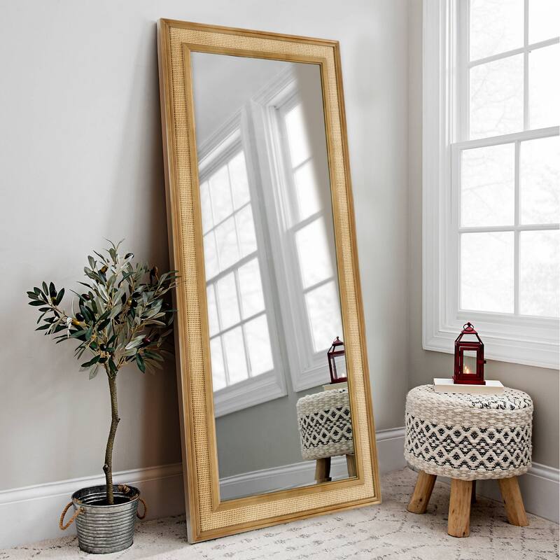 WallBeyond Wooden Framed Rattan Farmhouse Style Rectangle Wall Mirror