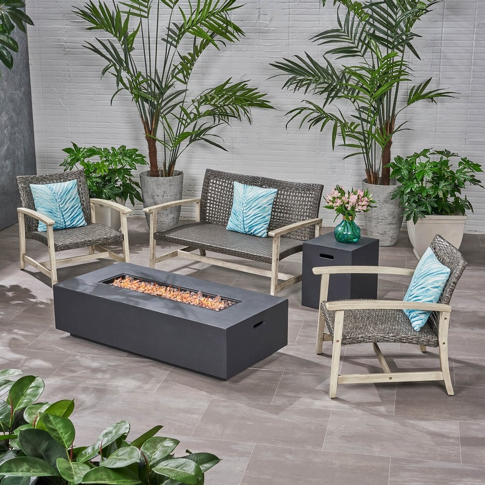 Augusta Outdoor Acacia Wood and Wicker 4 Seater Chat Set with Fire Pit by Christopher Knight Home
